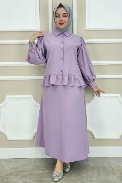 PYS KADIN FIRFIR DETAYLI ETEKLİ TESETTÜR TAKIM LİLA - 4 BEDEN