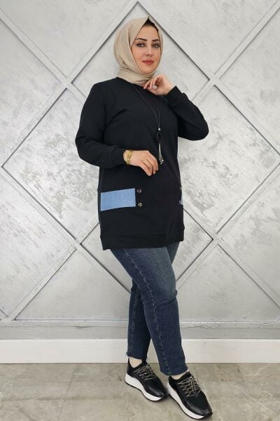 KADIN KOMBİN DETAYLI TESETTÜR TUNİK SİYAH - 3XL