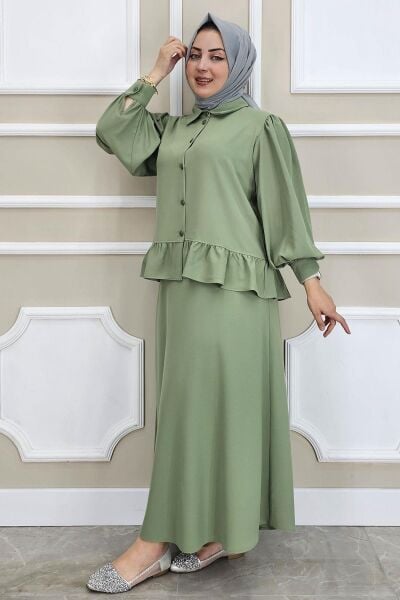 PYS KADIN FIRFIR DETAYLI ETEKLİ TESETTÜR TAKIM YEŞİL - 2 BEDEN
