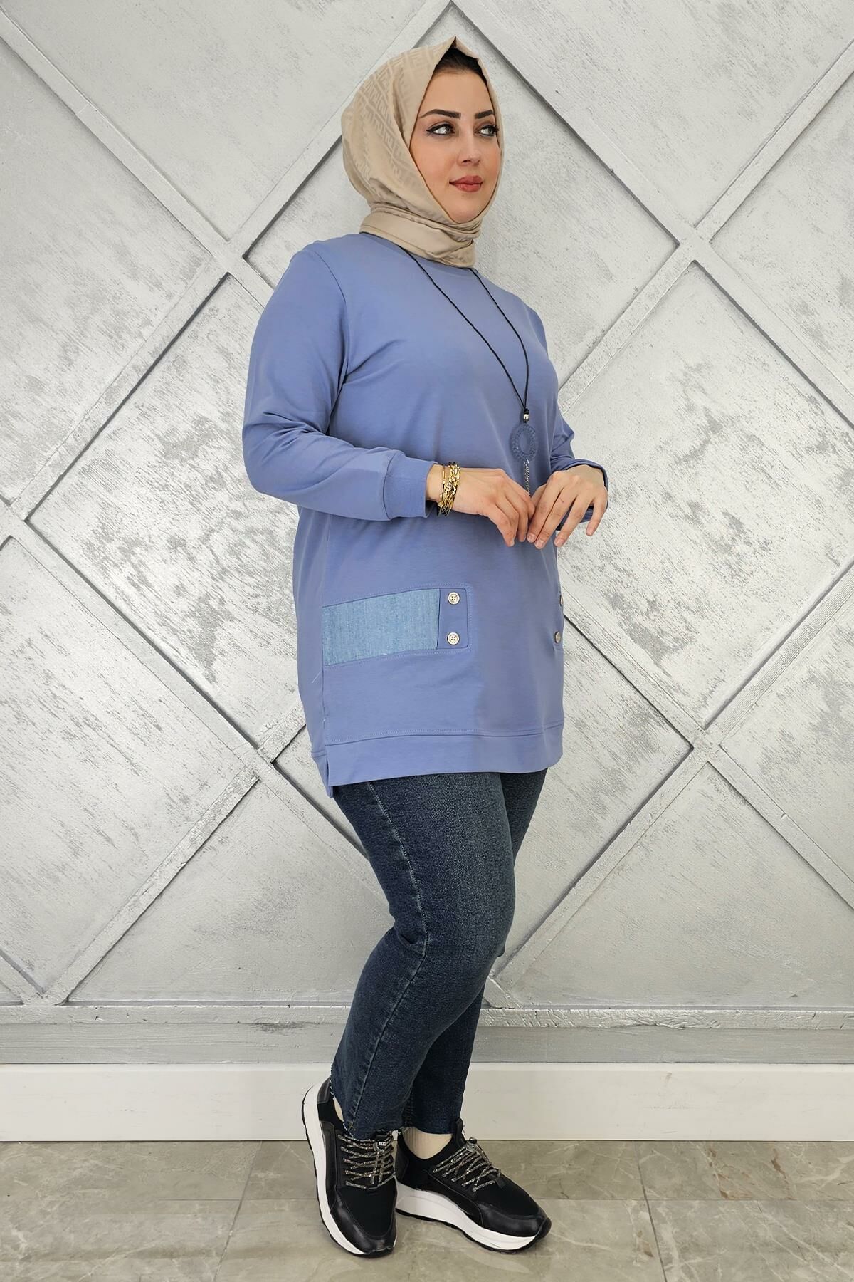 KADIN KOMBİN DETAYLI TESETTÜR TUNİK MAVİ - L