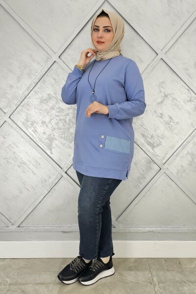 KADIN KOMBİN DETAYLI TESETTÜR TUNİK MAVİ - L