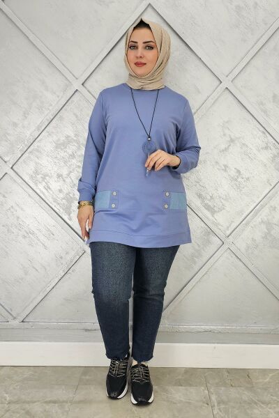 KADIN KOMBİN DETAYLI TESETTÜR TUNİK MAVİ - L