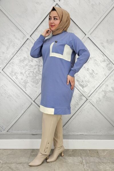KADIN SALLANTI AKSESUAR DETAY VE KOMBİNLİ TESETTÜR TUNİK MAVİ - 3 BEDEN