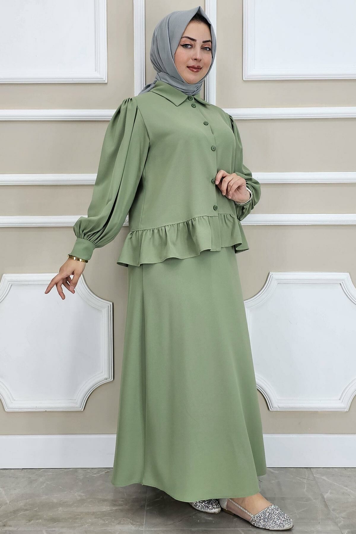 PYS KADIN FIRFIR DETAYLI ETEKLİ TESETTÜR TAKIM YEŞİL - 3 BEDEN