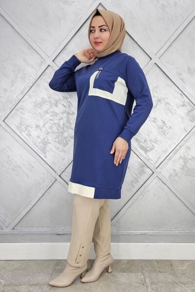 KADIN SALLANTI AKSESUAR DETAY VE KOMBİNLİ TESETTÜR TUNİK İNDİGO - 2 BEDEN