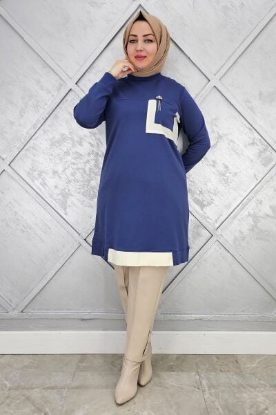 KADIN SALLANTI AKSESUAR DETAY VE KOMBİNLİ TESETTÜR TUNİK İNDİGO - 2 BEDEN