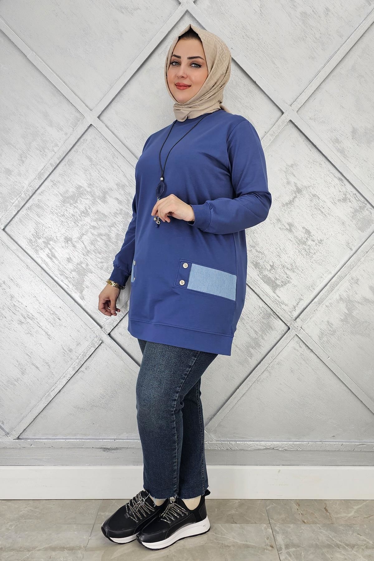 KADIN KOMBİN DETAYLI TESETTÜR TUNİK İNDİGO - 3XL