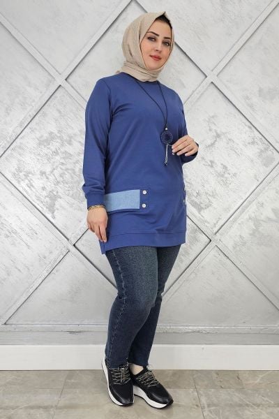KADIN KOMBİN DETAYLI TESETTÜR TUNİK İNDİGO - 3XL
