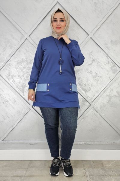 KADIN KOMBİN DETAYLI TESETTÜR TUNİK İNDİGO - 3XL