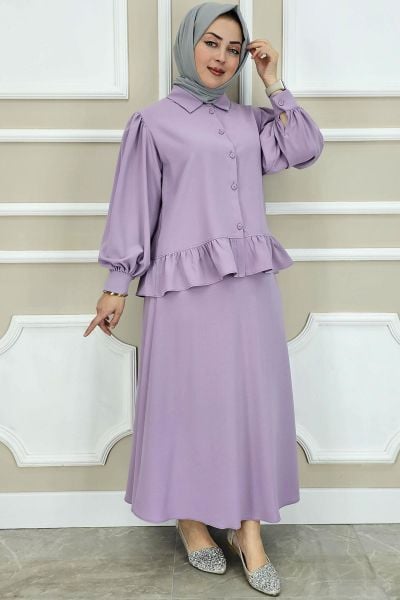PYS KADIN FIRFIR DETAYLI ETEKLİ TESETTÜR TAKIM LİLA - 3 BEDEN