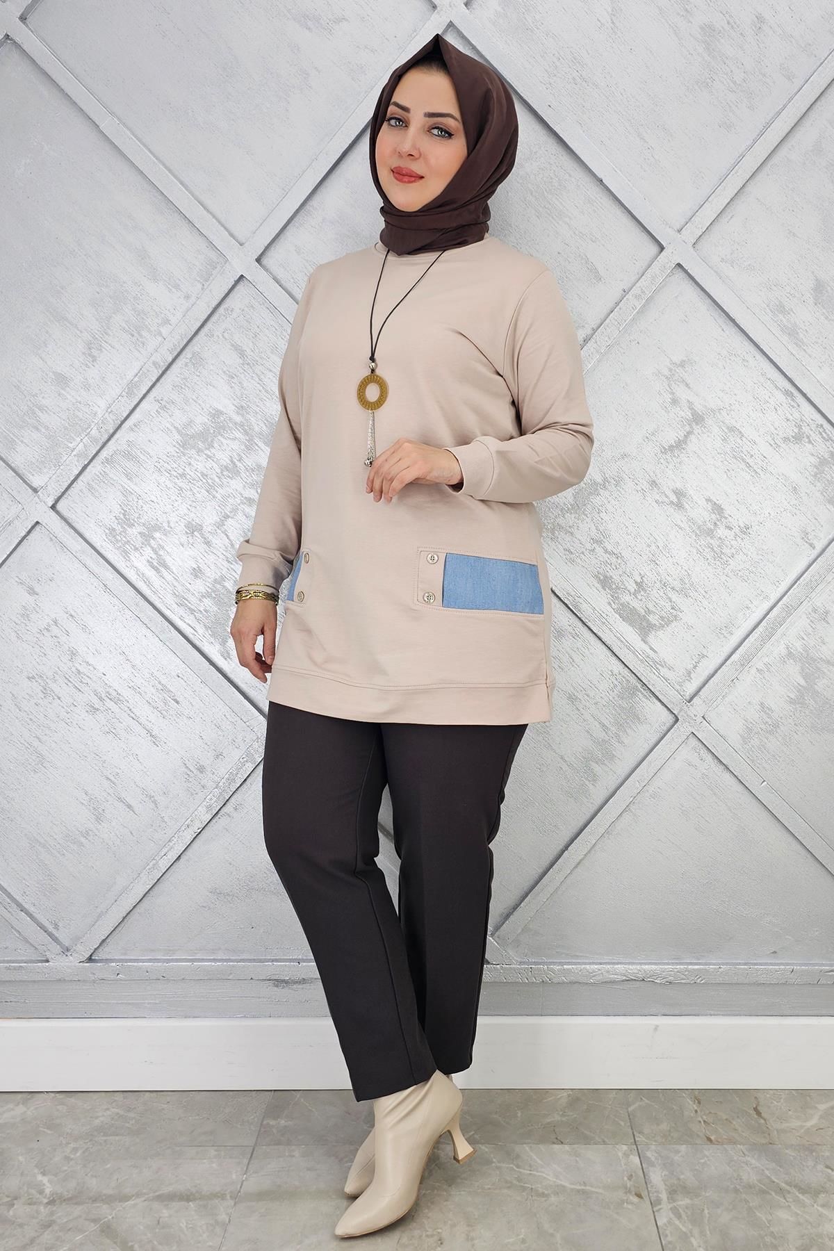 KADIN KOMBİN DETAYLI TESETTÜR TUNİK BEJ - 3XL