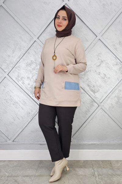 KADIN KOMBİN DETAYLI TESETTÜR TUNİK BEJ - 3XL