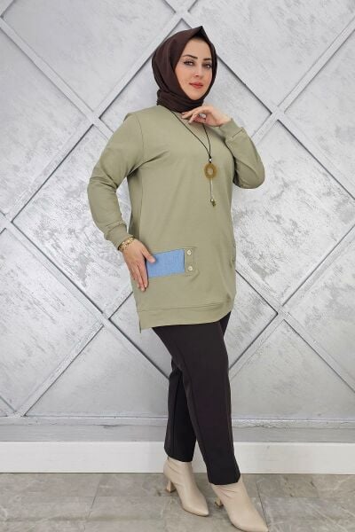 KADIN KOMBİN DETAYLI TESETTÜR TUNİK HAKİ - 2XL