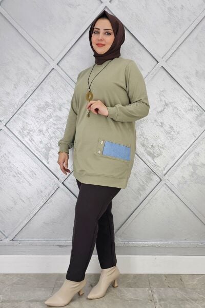 KADIN KOMBİN DETAYLI TESETTÜR TUNİK HAKİ - 2XL