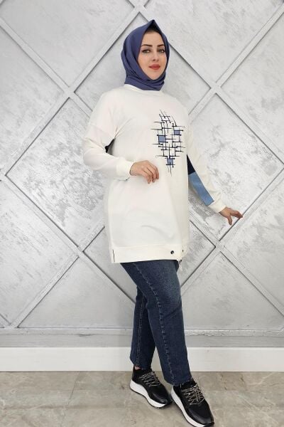 KADIN BASKI DETAYLI TESETTÜR TUNİK EKRU - 4 BEDEN