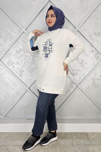 KADIN BASKI DETAYLI TESETTÜR TUNİK EKRU - 4 BEDEN