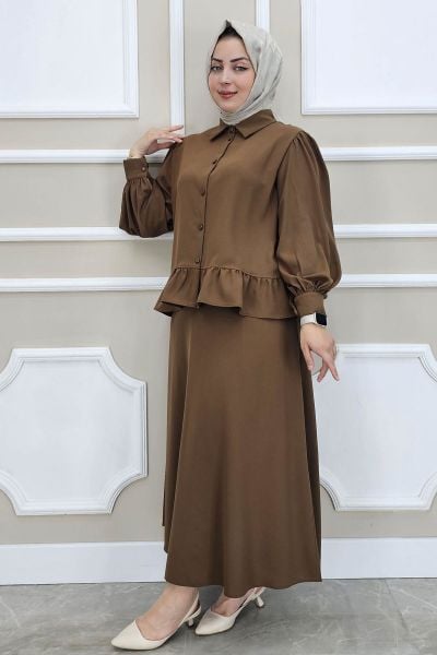 PYS KADIN FIRFIR DETAYLI ETEKLİ TESETTÜR TAKIM KAHVERENGİ - 5 BEDEN