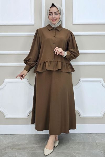PYS KADIN FIRFIR DETAYLI ETEKLİ TESETTÜR TAKIM KAHVERENGİ - 5 BEDEN