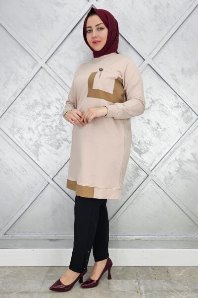 KADIN SALLANTI AKSESUAR DETAY VE KOMBİNLİ TESETTÜR TUNİK BEJ - 4 BEDEN