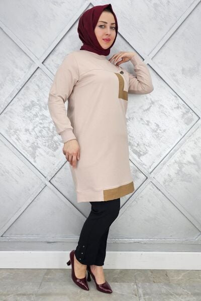 KADIN SALLANTI AKSESUAR DETAY VE KOMBİNLİ TESETTÜR TUNİK BEJ - 4 BEDEN