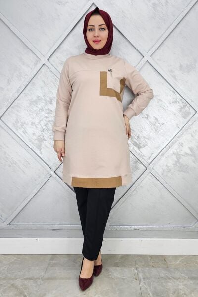 KADIN SALLANTI AKSESUAR DETAY VE KOMBİNLİ TESETTÜR TUNİK BEJ - 4 BEDEN