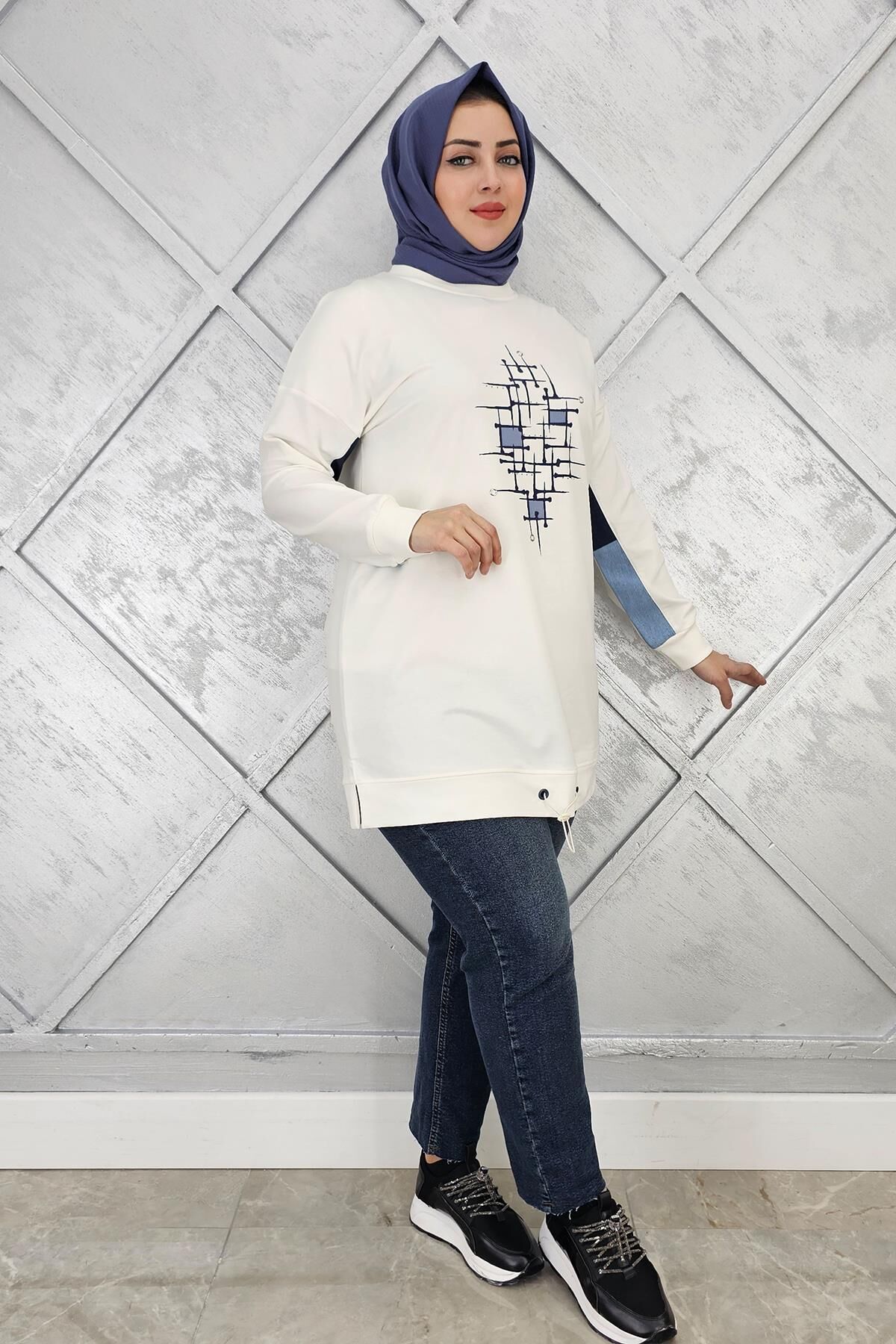 KADIN BASKI DETAYLI TESETTÜR TUNİK EKRU - 2 BEDEN