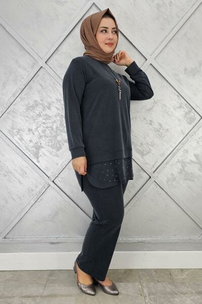 KADIN KOLYE VE TAŞ DETAYLI TESETTÜR TAKIM SİYAH - 3 BEDEN