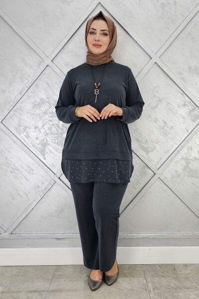 KADIN KOLYE VE TAŞ DETAYLI TESETTÜR TAKIM SİYAH - 3 BEDEN