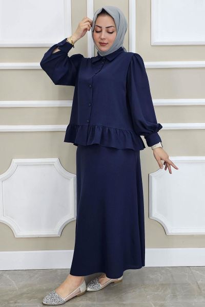 PYS KADIN FIRFIR DETAYLI ETEKLİ TESETTÜR TAKIM LACİVERT - 5 BEDEN