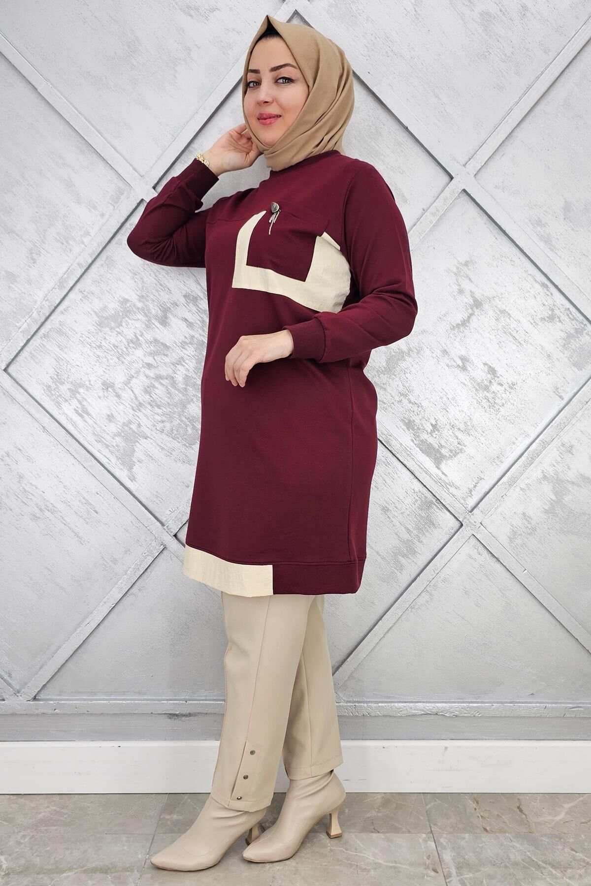 KADIN SALLANTI AKSESUAR DETAY VE KOMBİNLİ TESETTÜR TUNİK BORDO - 4 BEDEN