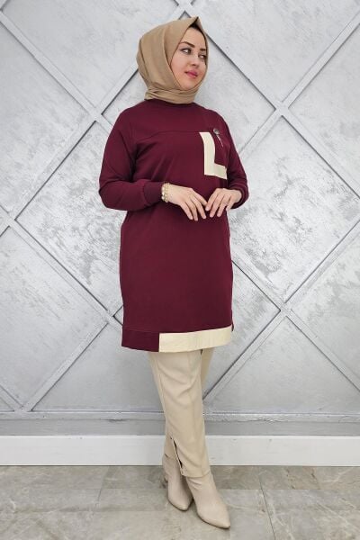 KADIN SALLANTI AKSESUAR DETAY VE KOMBİNLİ TESETTÜR TUNİK BORDO - 4 BEDEN