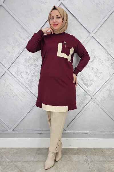 KADIN SALLANTI AKSESUAR DETAY VE KOMBİNLİ TESETTÜR TUNİK BORDO - 4 BEDEN