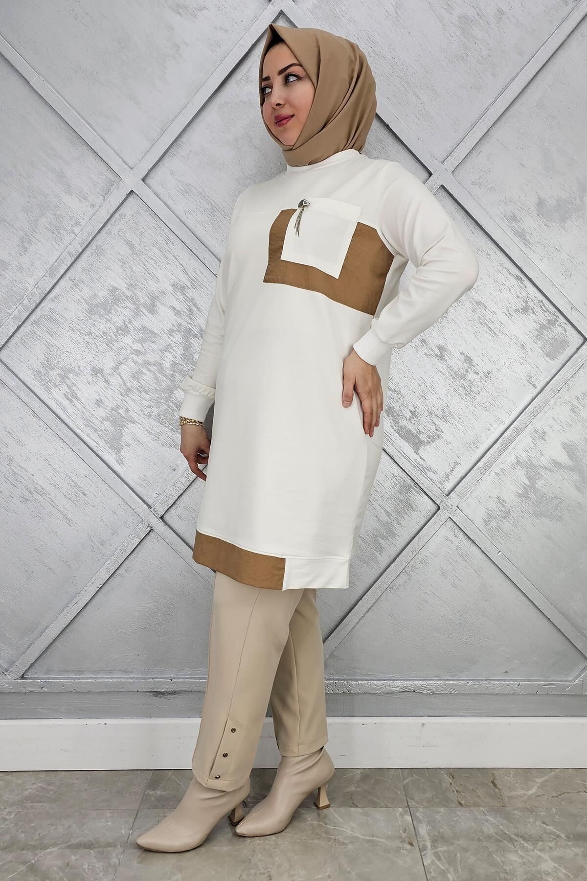 KADIN SALLANTI AKSESUAR DETAY VE KOMBİNLİ TESETTÜR TUNİK EKRU - 5 BEDEN