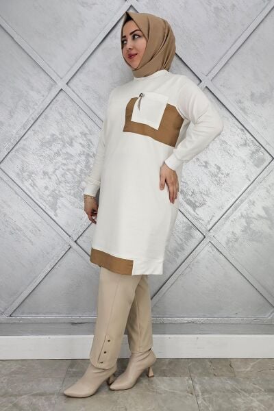 KADIN SALLANTI AKSESUAR DETAY VE KOMBİNLİ TESETTÜR TUNİK EKRU - 5 BEDEN