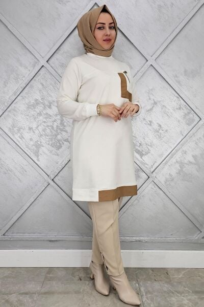 KADIN SALLANTI AKSESUAR DETAY VE KOMBİNLİ TESETTÜR TUNİK EKRU - 5 BEDEN