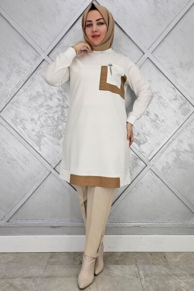 KADIN SALLANTI AKSESUAR DETAY VE KOMBİNLİ TESETTÜR TUNİK EKRU - 5 BEDEN