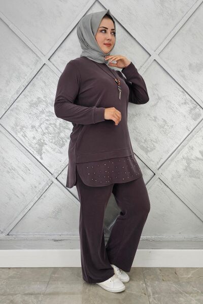 KADIN KOLYE VE TAŞ DETAYLI TESETTÜR TAKIM KAHVERENGİ - 4 BEDEN