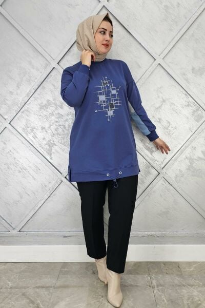 KADIN BASKI DETAYLI TESETTÜR TUNİK İNDİGO - 5 BEDEN