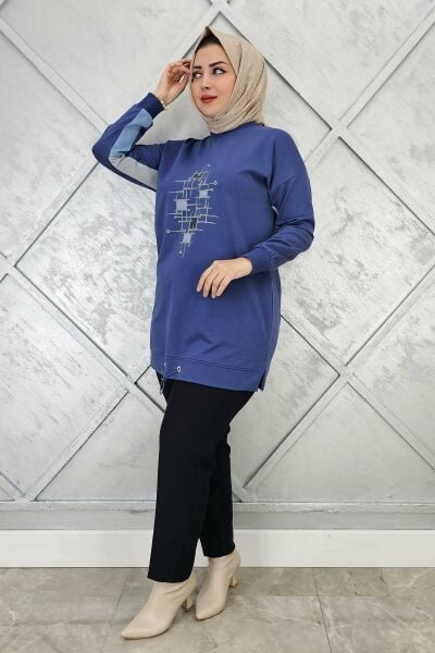 KADIN BASKI DETAYLI TESETTÜR TUNİK İNDİGO - 5 BEDEN