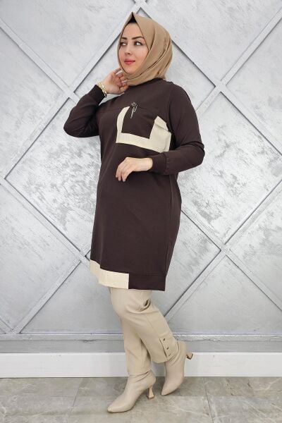 KADIN SALLANTI AKSESUAR DETAY VE KOMBİNLİ TESETTÜR TUNİK KAHVERENGİ - 4 BEDEN
