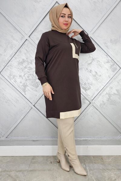 KADIN SALLANTI AKSESUAR DETAY VE KOMBİNLİ TESETTÜR TUNİK KAHVERENGİ - 4 BEDEN