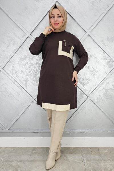KADIN SALLANTI AKSESUAR DETAY VE KOMBİNLİ TESETTÜR TUNİK KAHVERENGİ - 4 BEDEN
