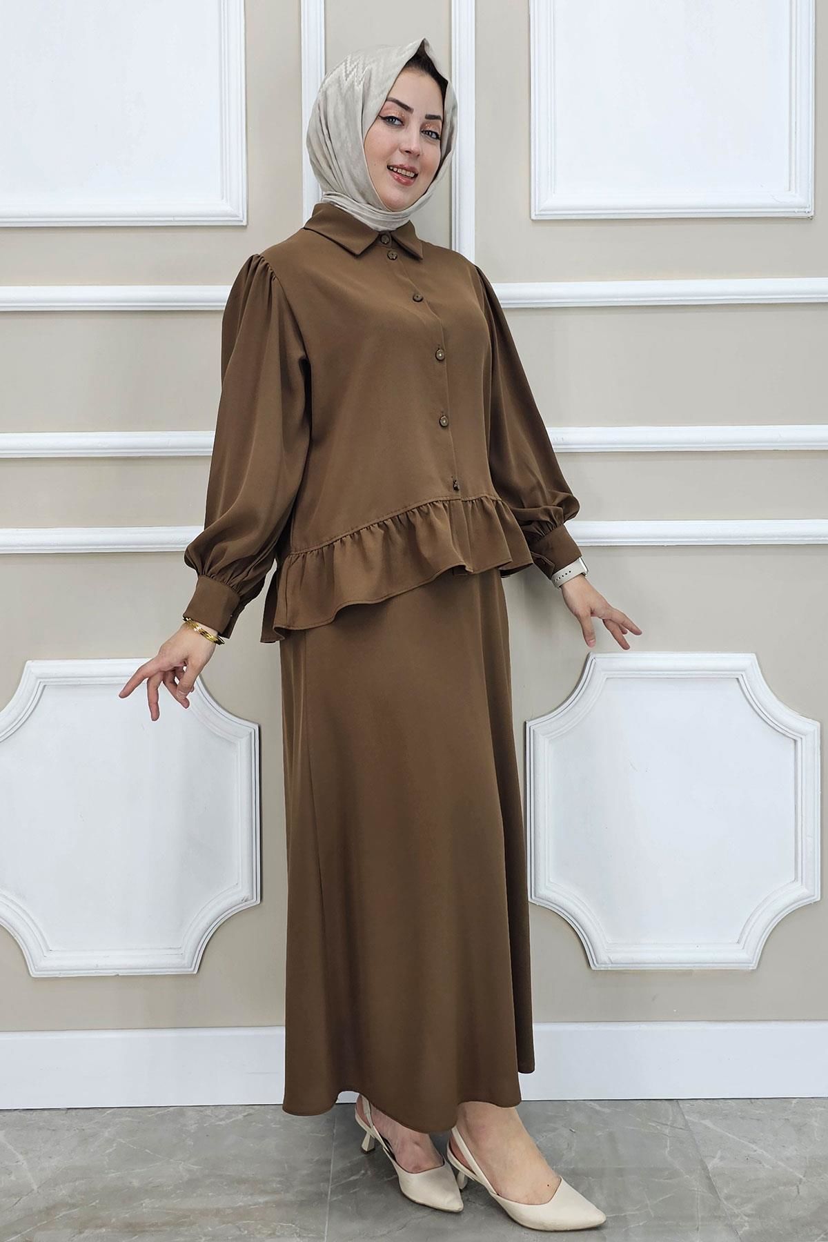 PYS KADIN FIRFIR DETAYLI ETEKLİ TESETTÜR TAKIM KAHVERENGİ - 2 BEDEN