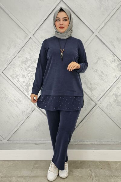 KADIN KOLYE VE TAŞ DETAYLI TESETTÜR TAKIM LACİVERT - 4 BEDEN