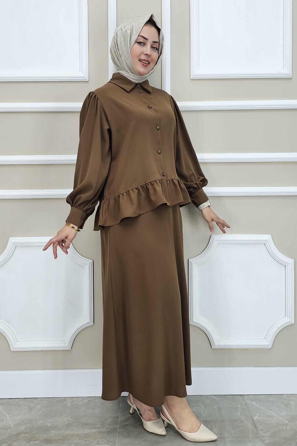 PYS KADIN FIRFIR DETAYLI ETEKLİ TESETTÜR TAKIM KAHVERENGİ - 4 BEDEN
