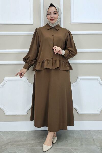 PYS KADIN FIRFIR DETAYLI ETEKLİ TESETTÜR TAKIM KAHVERENGİ - 4 BEDEN