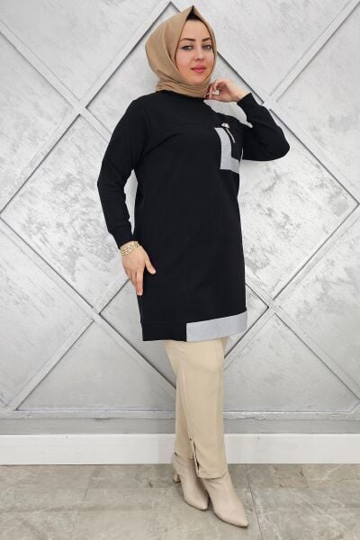KADIN SALLANTI AKSESUAR DETAY VE KOMBİNLİ TESETTÜR TUNİK SİYAH - 4 BEDEN