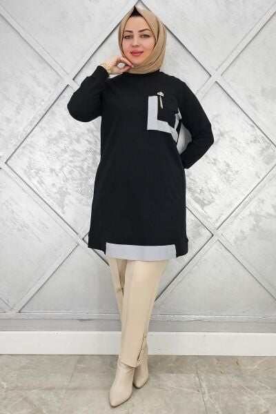 KADIN SALLANTI AKSESUAR DETAY VE KOMBİNLİ TESETTÜR TUNİK SİYAH - 4 BEDEN