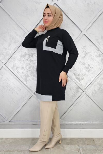 KADIN SALLANTI AKSESUAR DETAY VE KOMBİNLİ TESETTÜR TUNİK SİYAH - 4 BEDEN