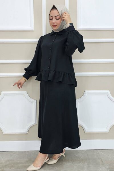 PYS KADIN FIRFIR DETAYLI ETEKLİ TESETTÜR TAKIM SİYAH - 2 BEDEN